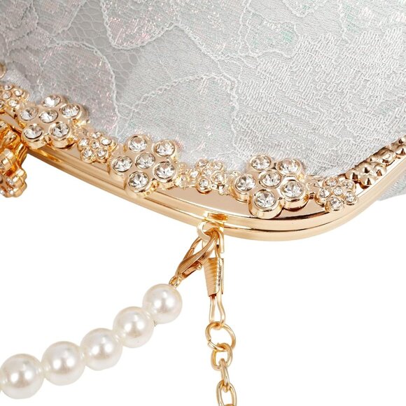 ⚡ Women's Silver Fabric Lace Pearl Chain Rhinestones Shoulder Clutch Bag - Picture 9 of 9